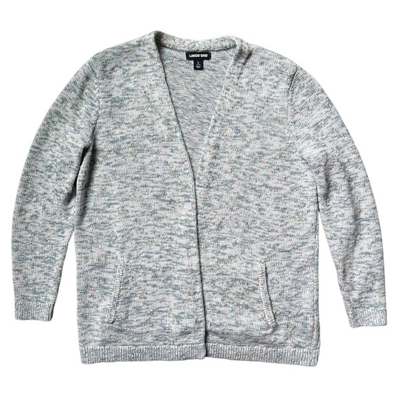 Lands End Open Cardigan Sweater Womens Large 14-16 Pockets Long Gray Multicolor - Picture 1 of 11